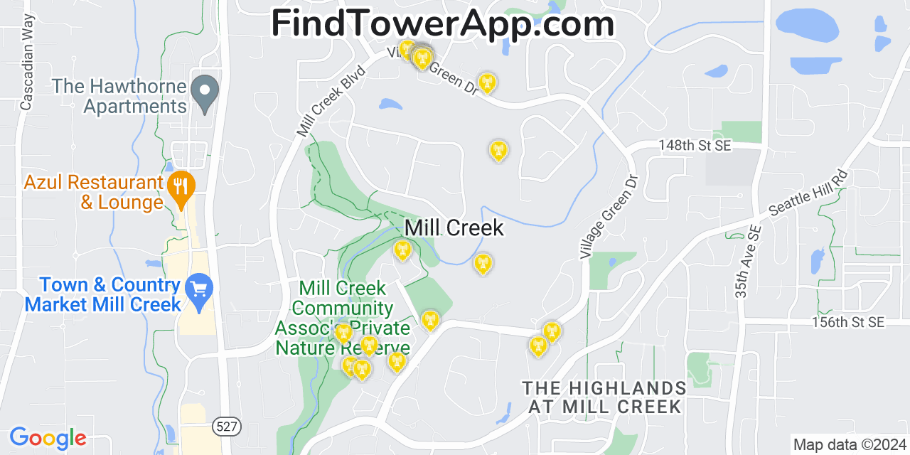AT&T 4G/5G cell tower coverage map Mill Creek, Washington