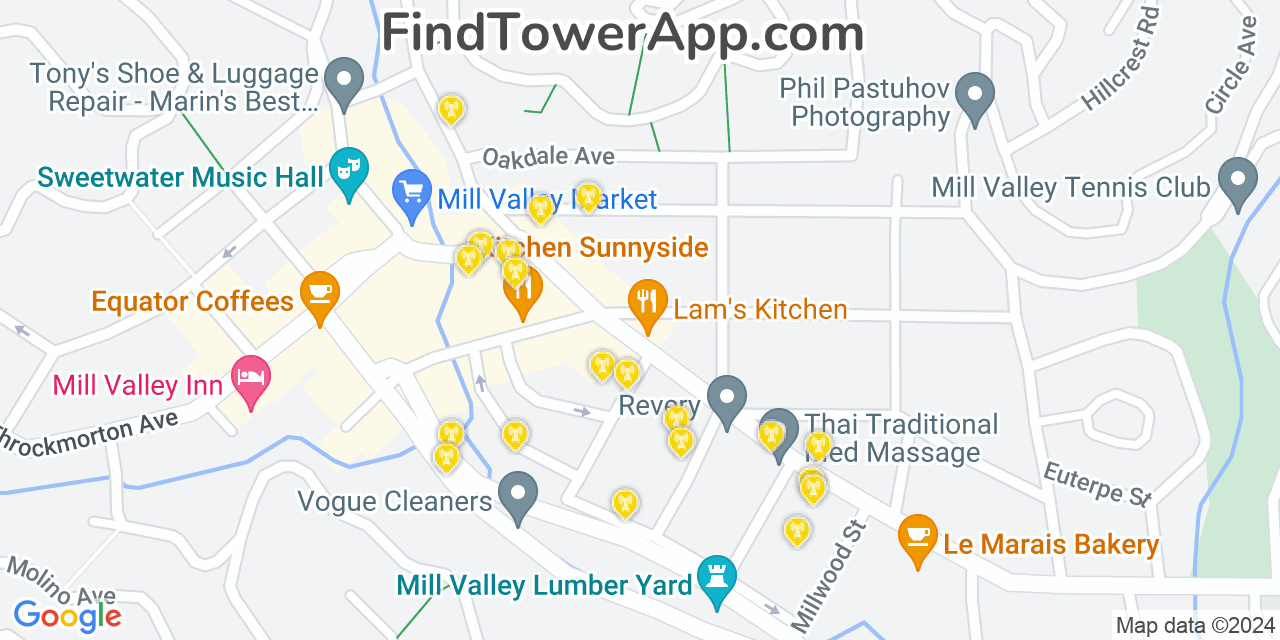 AT&T 4G/5G cell tower coverage map Mill Valley, California
