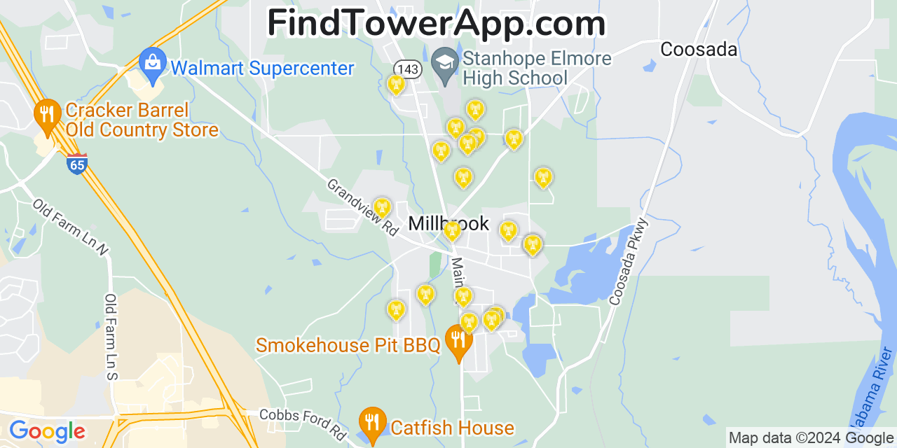 AT&T 4G/5G cell tower coverage map Millbrook, Alabama
