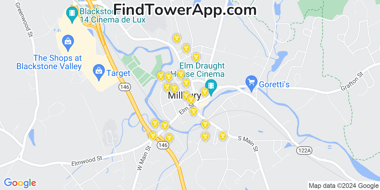 AT&T 4G/5G cell tower coverage map Millbury, Massachusetts