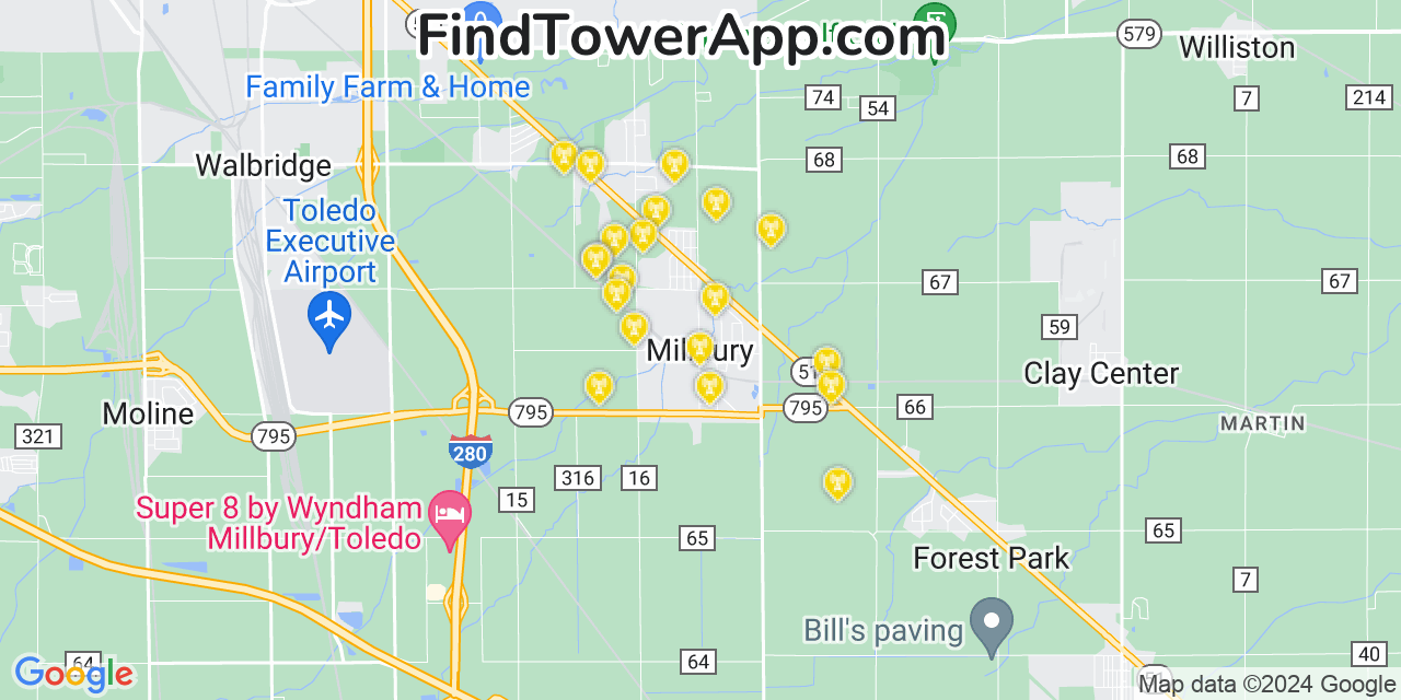 AT&T 4G/5G cell tower coverage map Millbury, Ohio