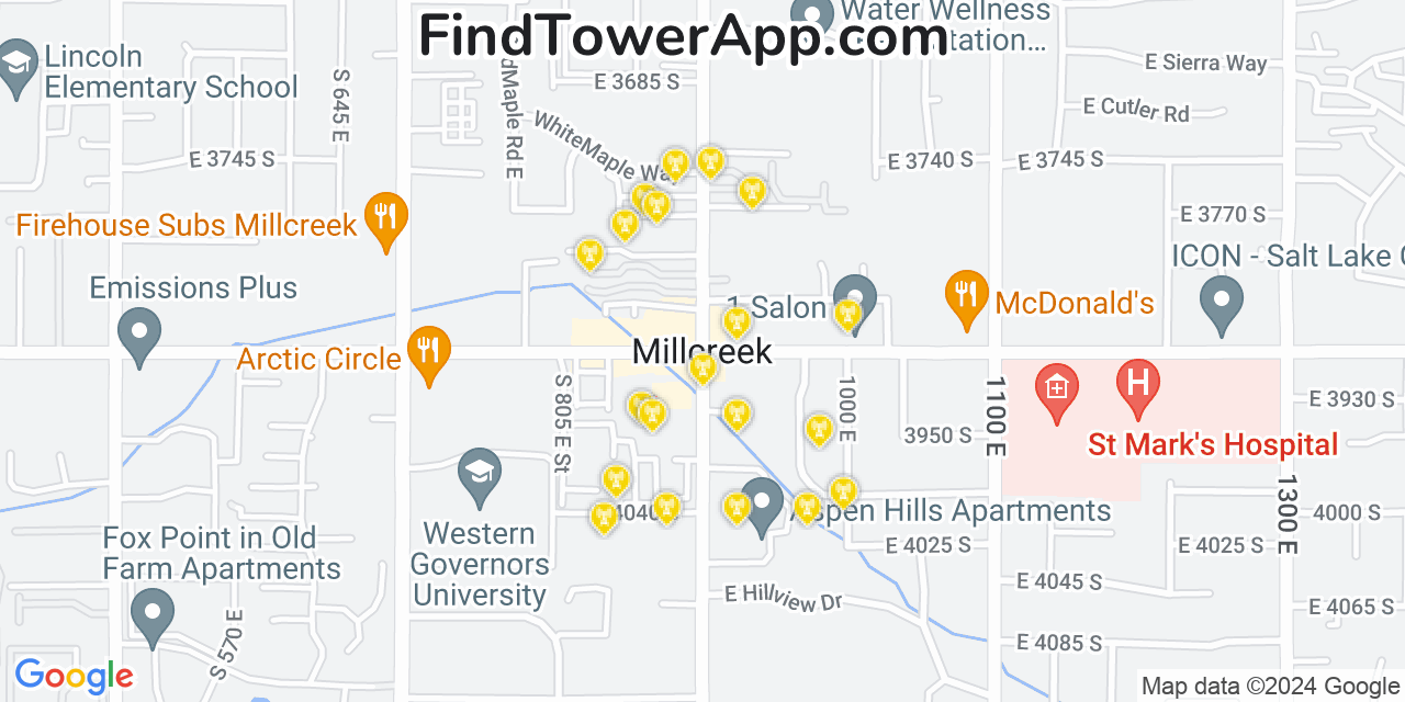 AT&T 4G/5G cell tower coverage map Millcreek, Utah