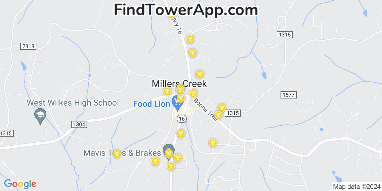 AT&T 4G/5G cell tower coverage map Millers Creek, North Carolina
