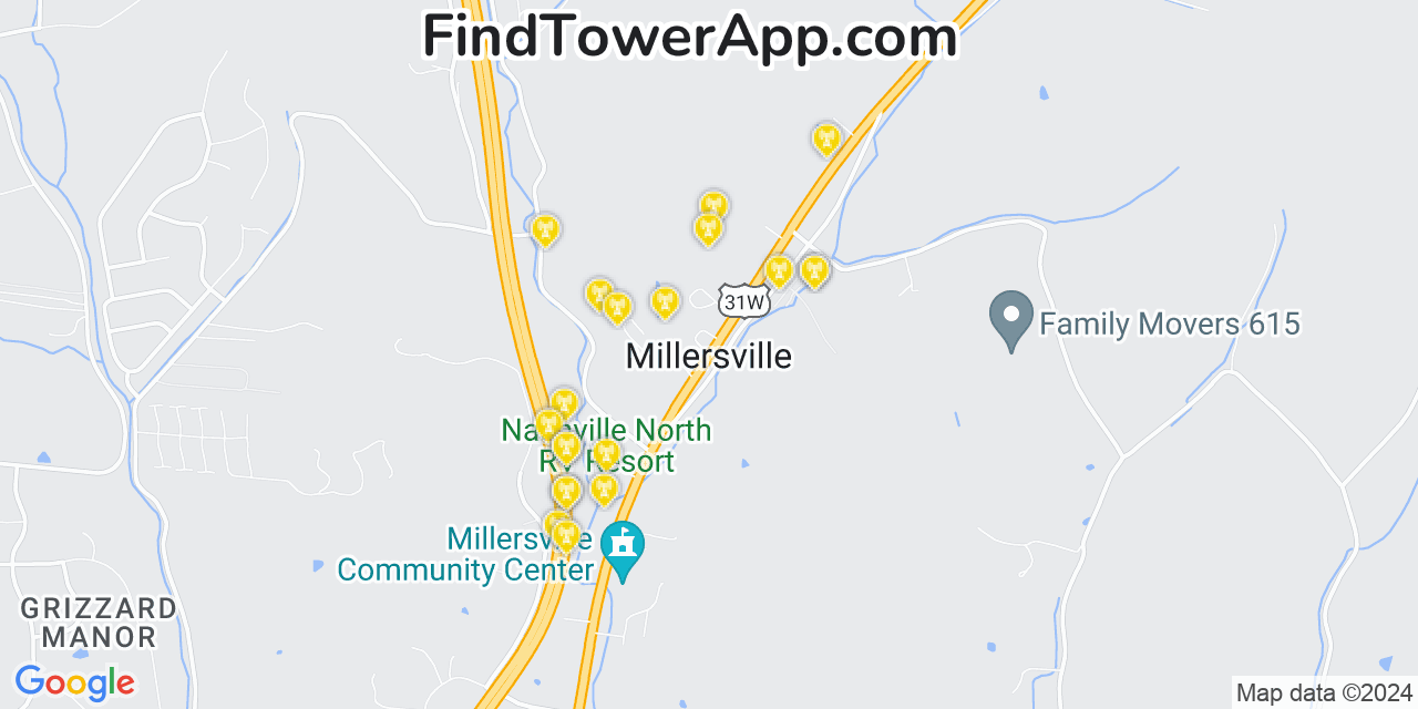 AT&T 4G/5G cell tower coverage map Millersville, Tennessee