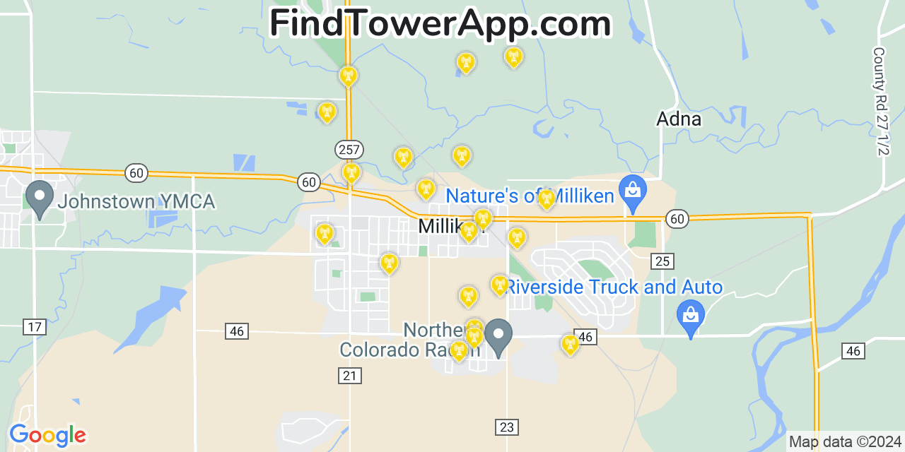 AT&T 4G/5G cell tower coverage map Milliken, Colorado