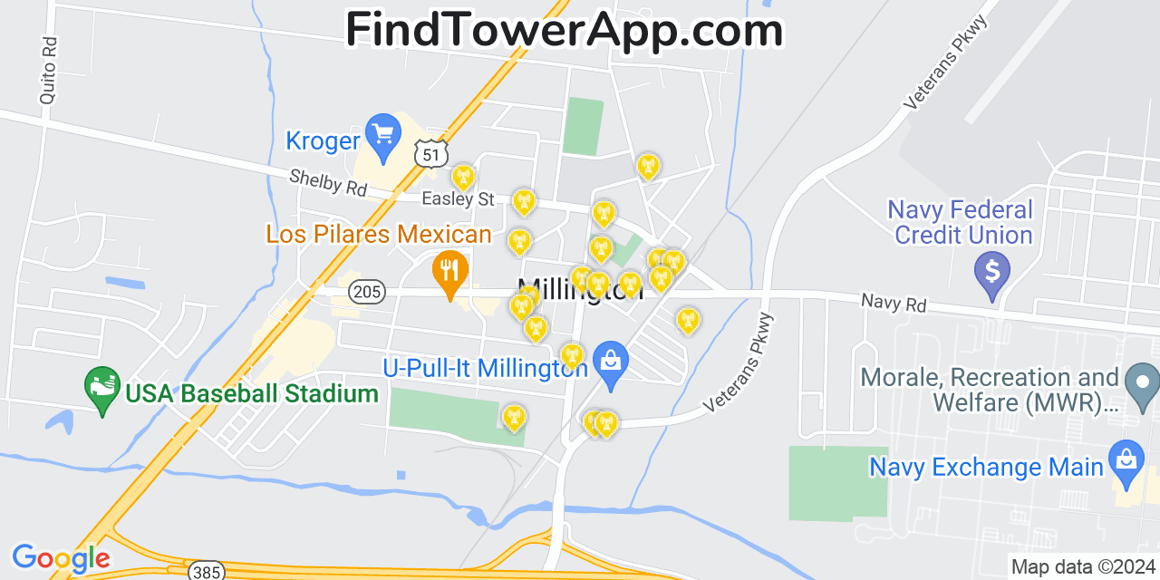 AT&T 4G/5G cell tower coverage map Millington, Tennessee