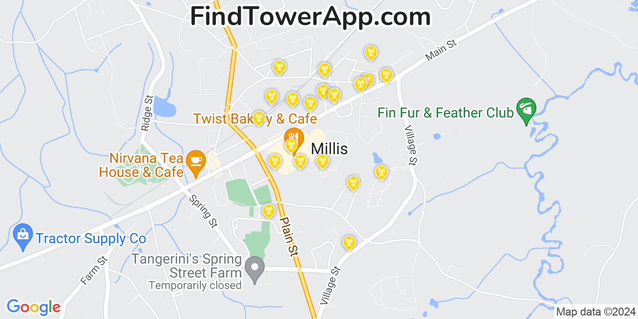 AT&T 4G/5G cell tower coverage map Millis, Massachusetts