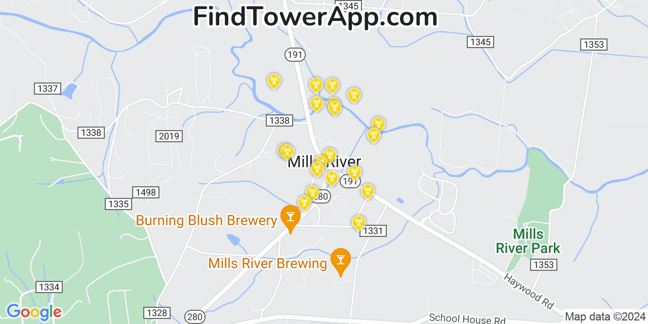 AT&T 4G/5G cell tower coverage map Mills River, North Carolina