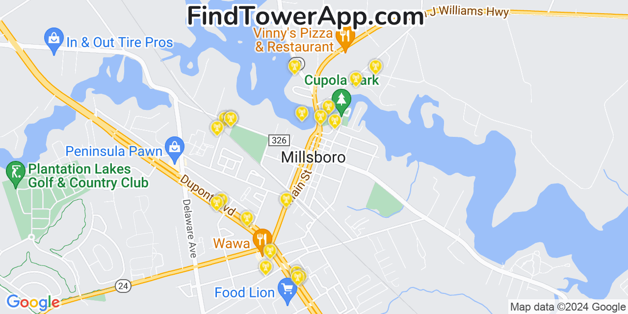 AT&T 4G/5G cell tower coverage map Millsboro, Delaware
