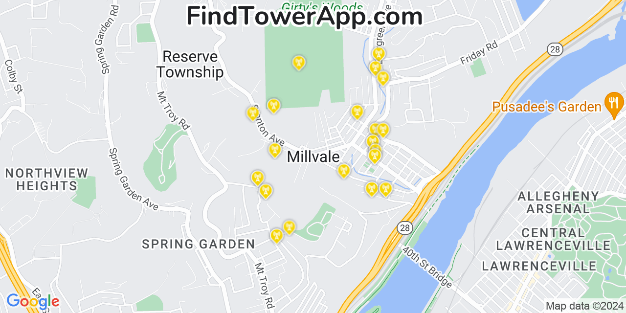AT&T 4G/5G cell tower coverage map Millvale, Pennsylvania