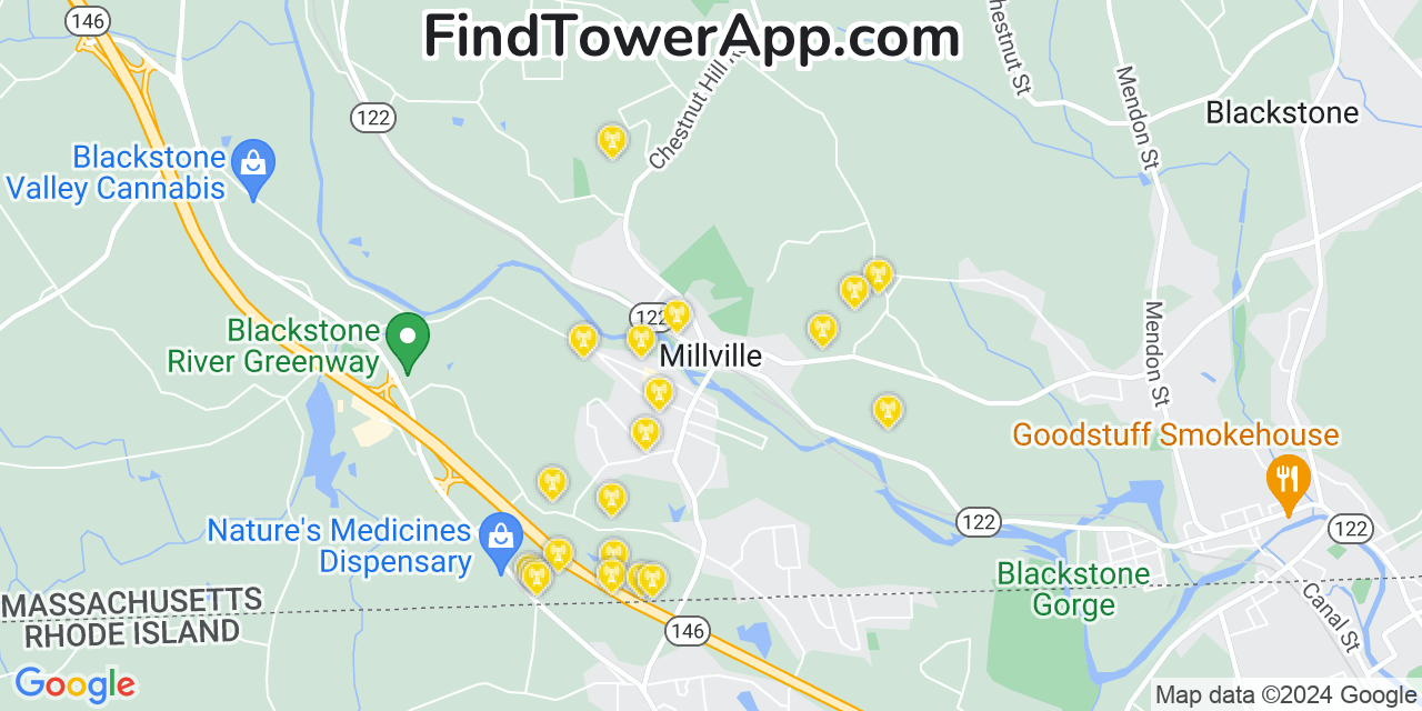 AT&T 4G/5G cell tower coverage map Millville, Massachusetts