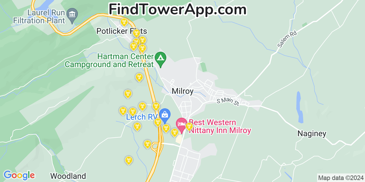 AT&T 4G/5G cell tower coverage map Milroy, Pennsylvania
