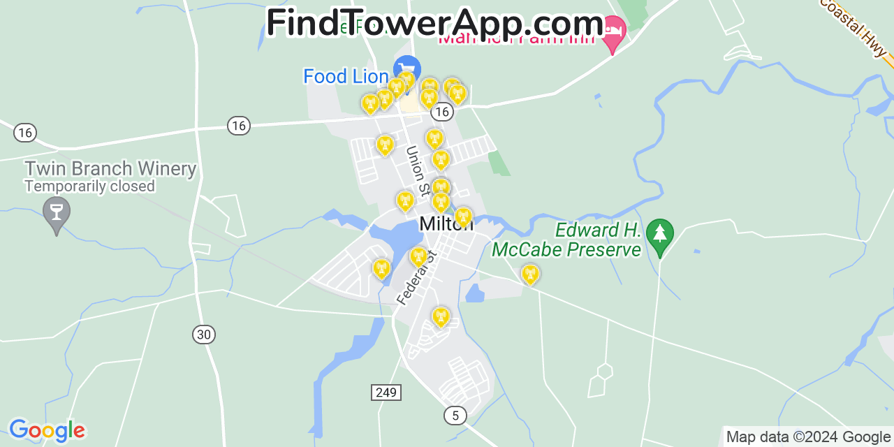 Verizon 4G/5G cell tower coverage map Milton, Delaware