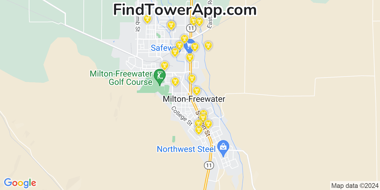 AT&T 4G/5G cell tower coverage map Milton Freewater, Oregon