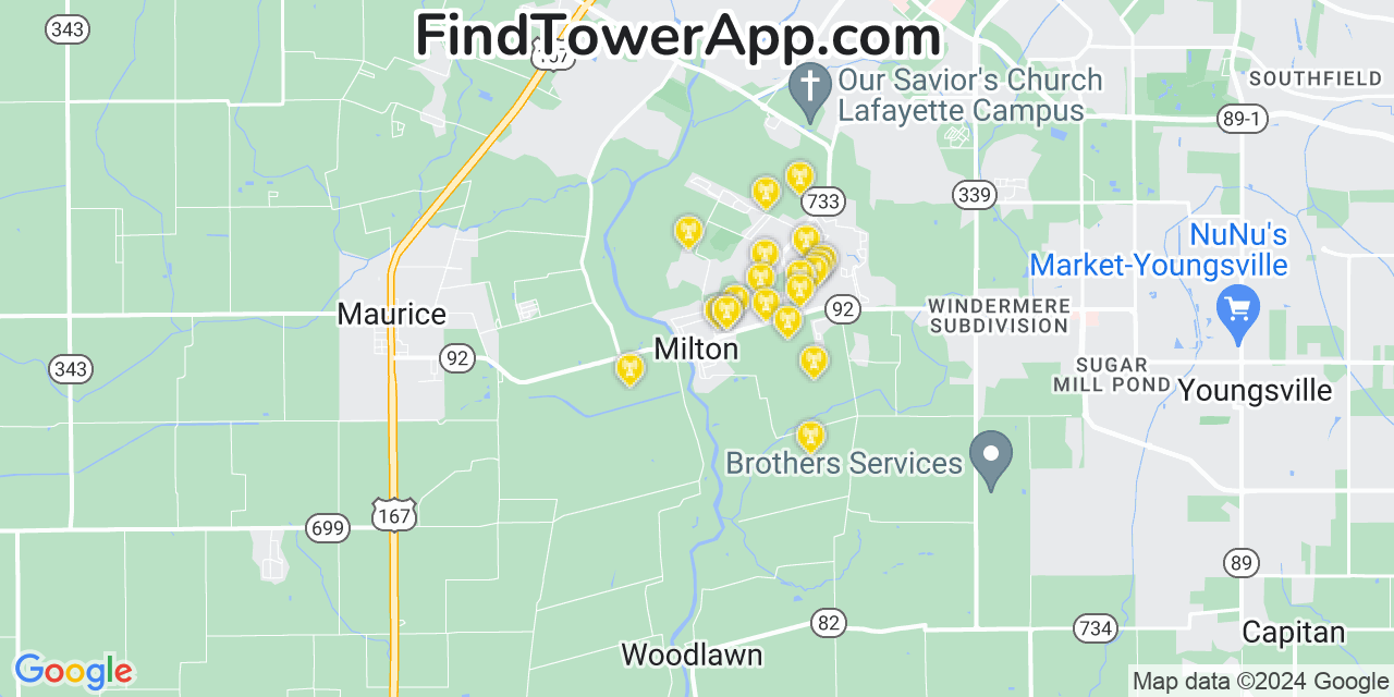 AT&T 4G/5G cell tower coverage map Milton, Louisiana