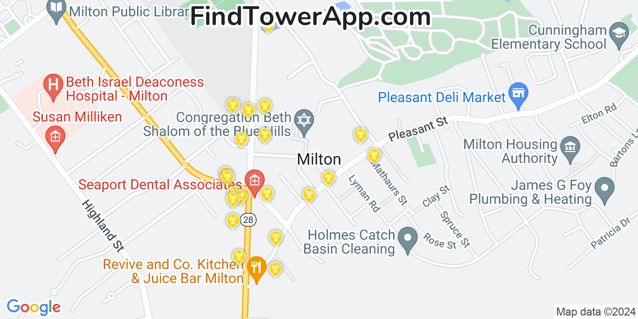 AT&T 4G/5G cell tower coverage map Milton, Massachusetts