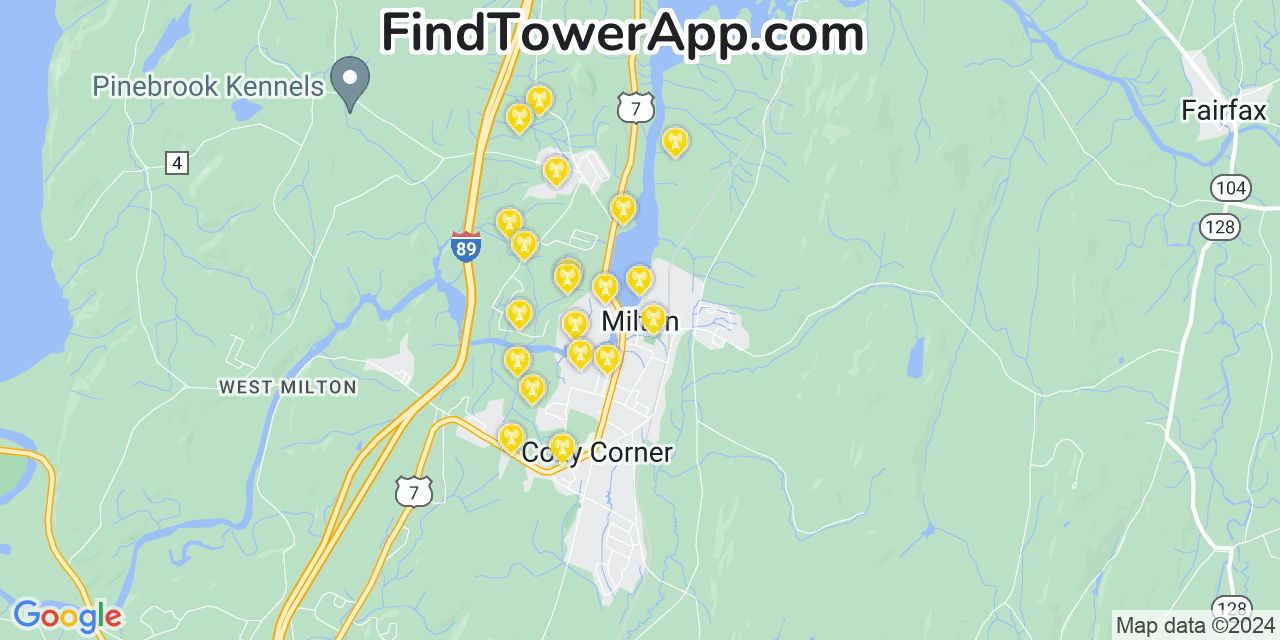 AT&T 4G/5G cell tower coverage map Milton, Vermont