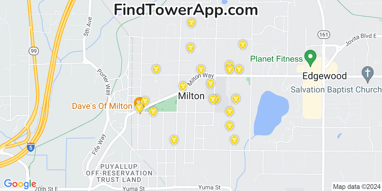 AT&T 4G/5G cell tower coverage map Milton, Washington