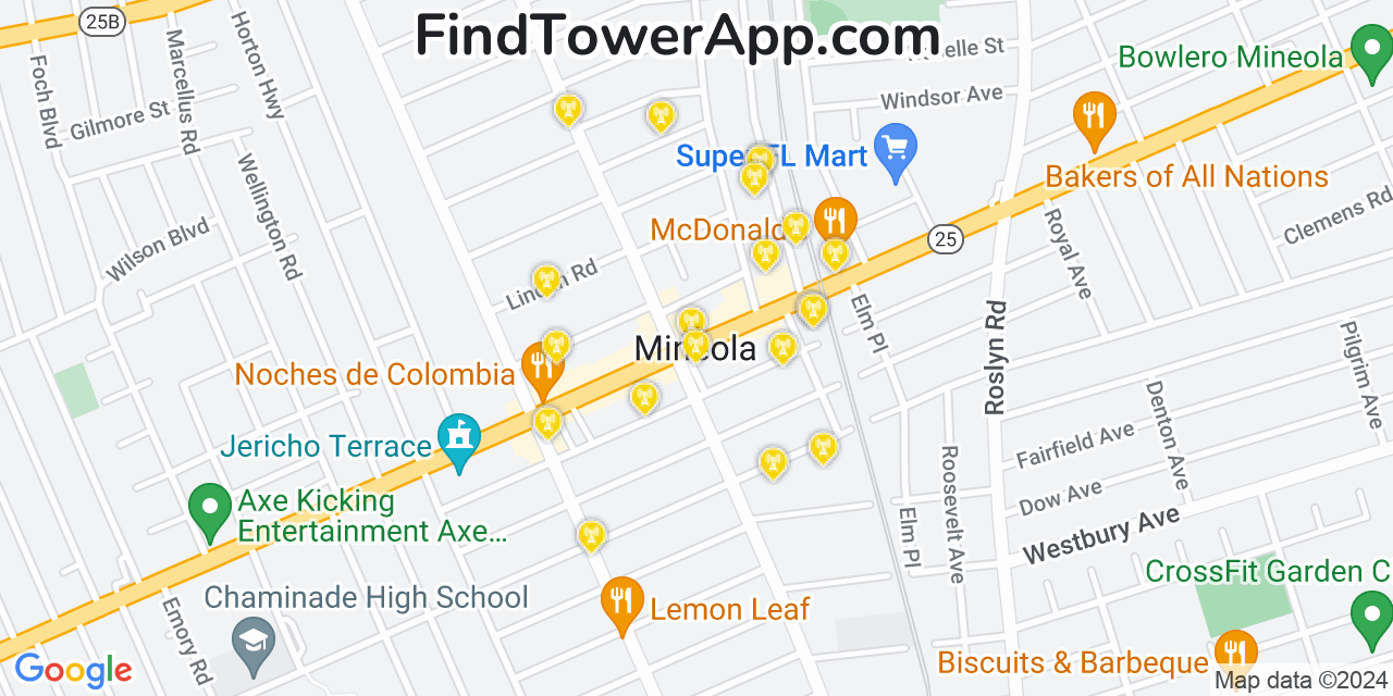AT&T 4G/5G cell tower coverage map Mineola, New York