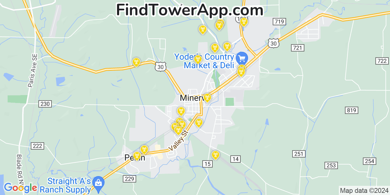 AT&T 4G/5G cell tower coverage map Minerva, Ohio