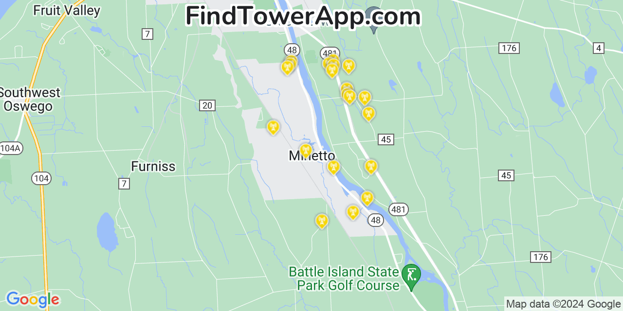AT&T 4G/5G cell tower coverage map Minetto, New York
