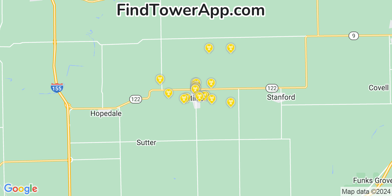 AT&T 4G/5G cell tower coverage map Minier, Illinois