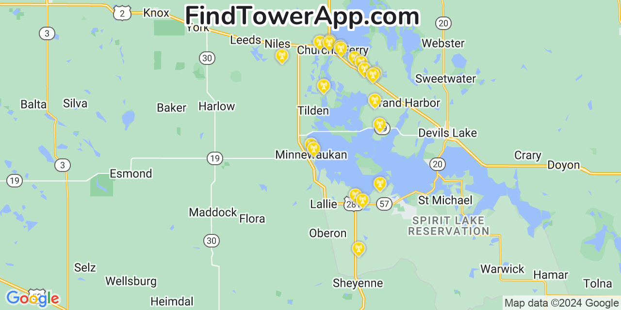 AT&T 4G/5G cell tower coverage map Minnewaukan, North Dakota