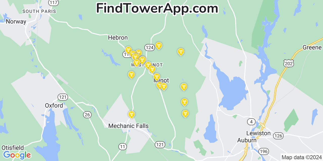 AT&T 4G/5G cell tower coverage map Minot, Maine