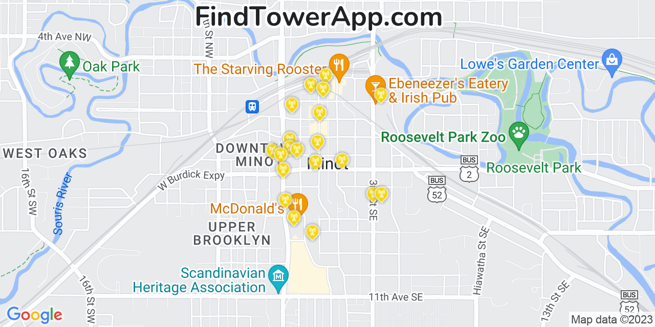 AT&T 4G/5G cell tower coverage map Minot, North Dakota