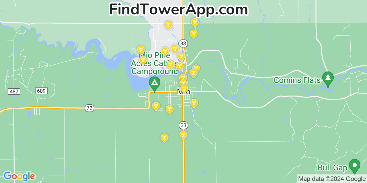 AT&T 4G/5G cell tower coverage map Mio, Michigan
