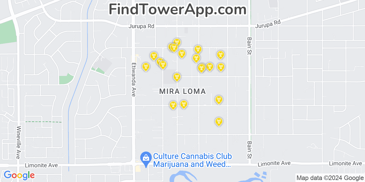 AT&T 4G/5G cell tower coverage map Mira Loma, California