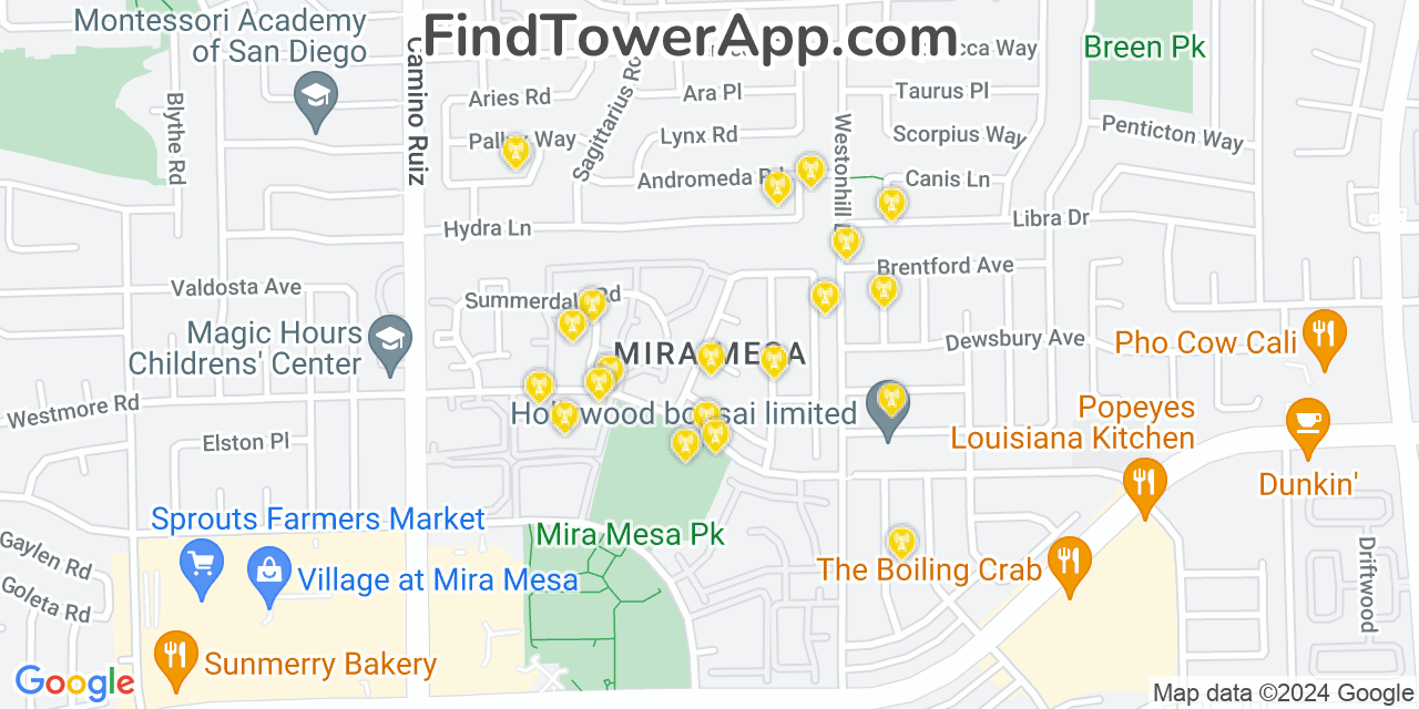 Verizon 4G/5G cell tower coverage map Mira Mesa, California
