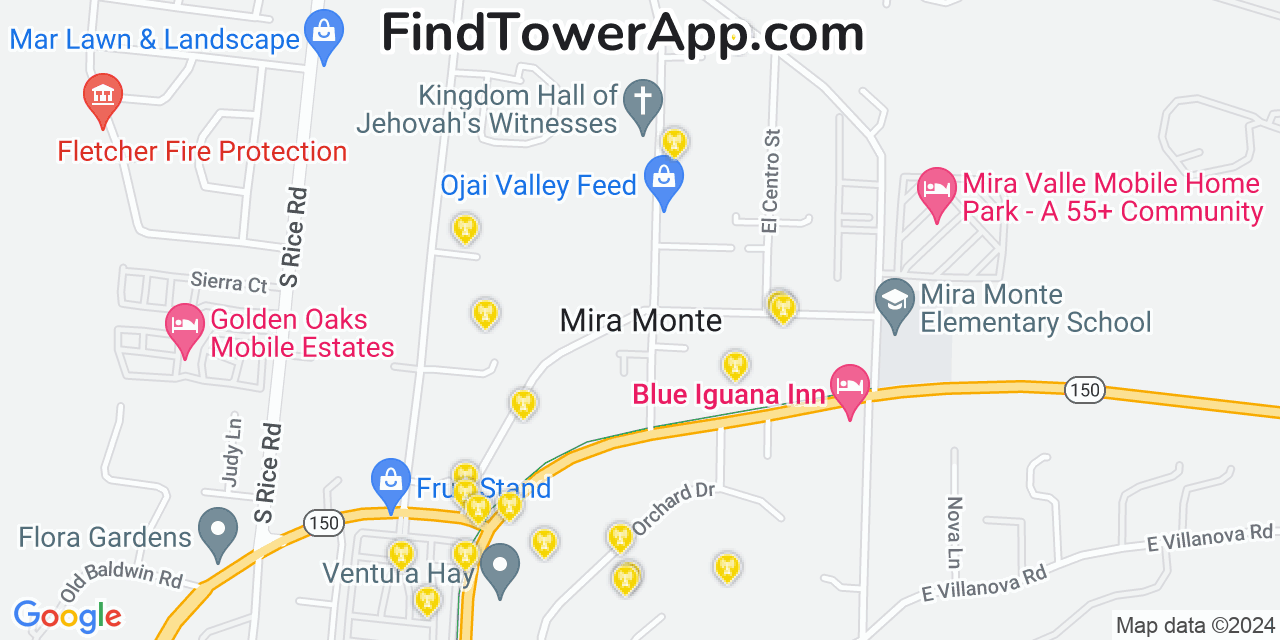 AT&T 4G/5G cell tower coverage map Mira Monte, California