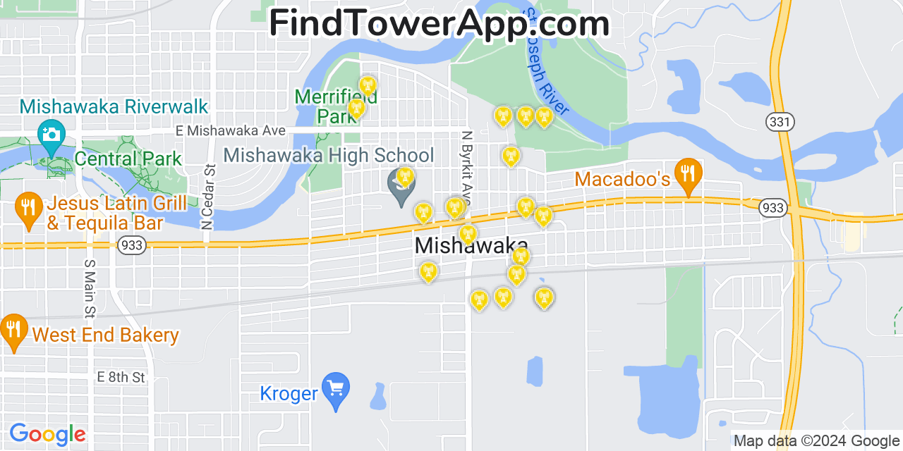 AT&T 4G/5G cell tower coverage map Mishawaka, Indiana