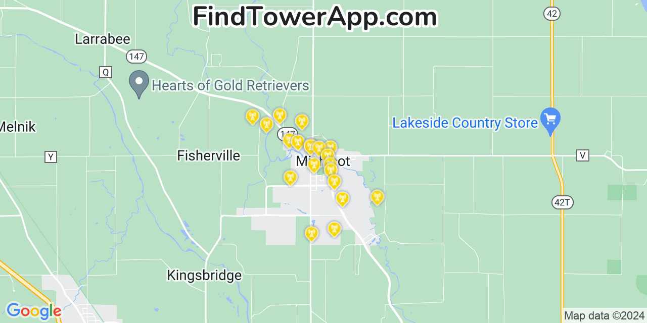 AT&T 4G/5G cell tower coverage map Mishicot, Wisconsin