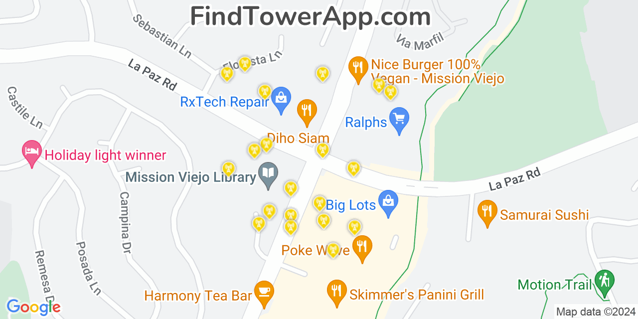 AT&T 4G/5G cell tower coverage map Mission Viejo, California