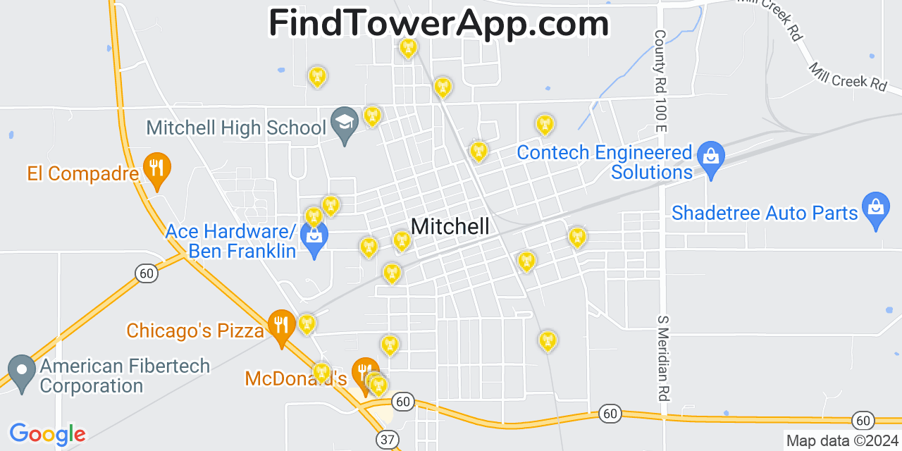 AT&T 4G/5G cell tower coverage map Mitchell, Indiana