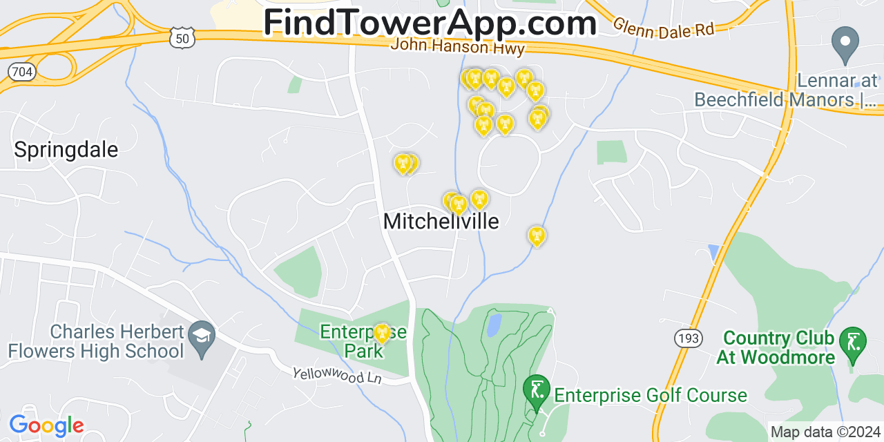 AT&T 4G/5G cell tower coverage map Mitchellville, Maryland