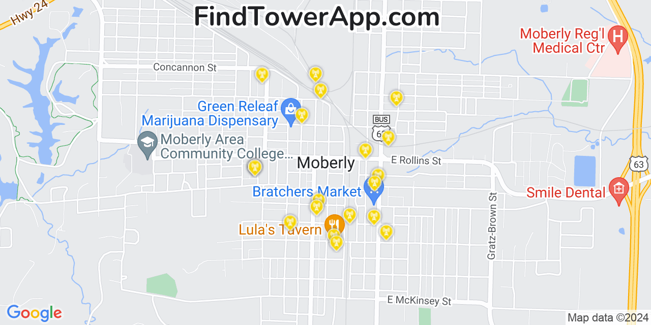 AT&T 4G/5G cell tower coverage map Moberly, Missouri
