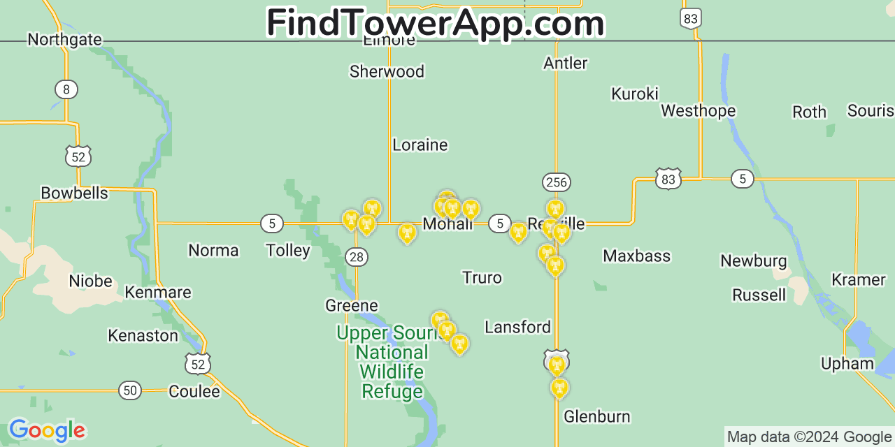 AT&T 4G/5G cell tower coverage map Mohall, North Dakota