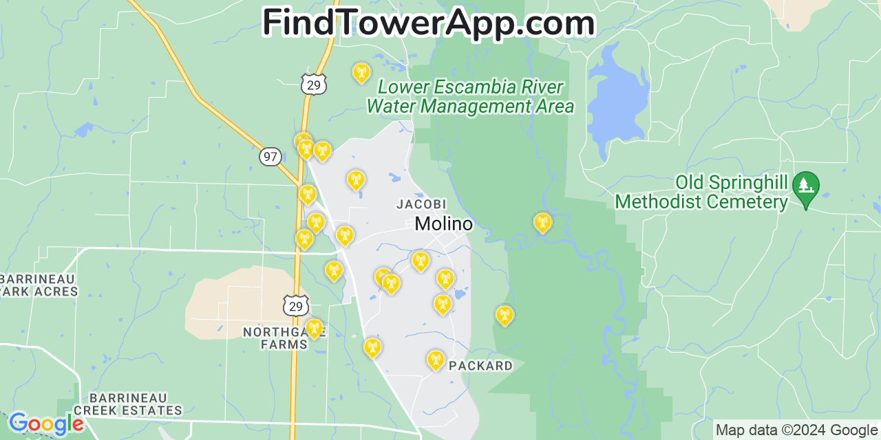 Verizon 4G/5G cell tower coverage map Molino, Florida