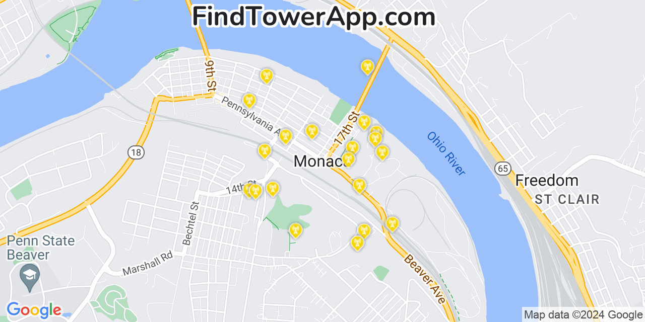 Verizon 4G/5G cell tower coverage map Monaca, Pennsylvania