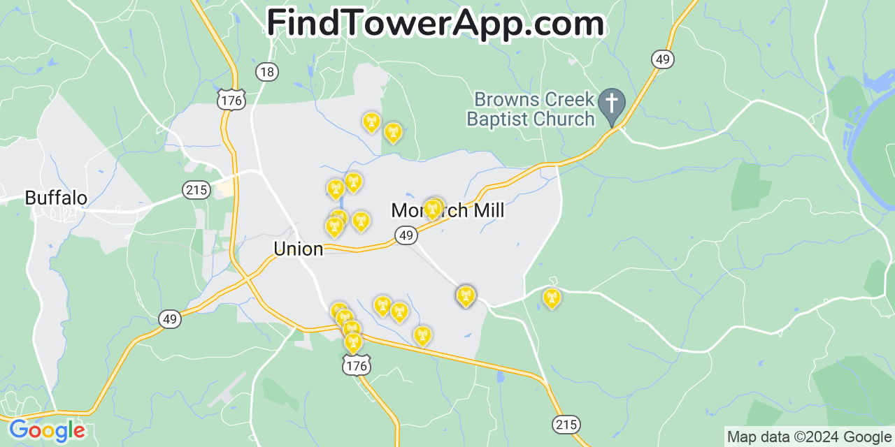 AT&T 4G/5G cell tower coverage map Monarch Mill, South Carolina