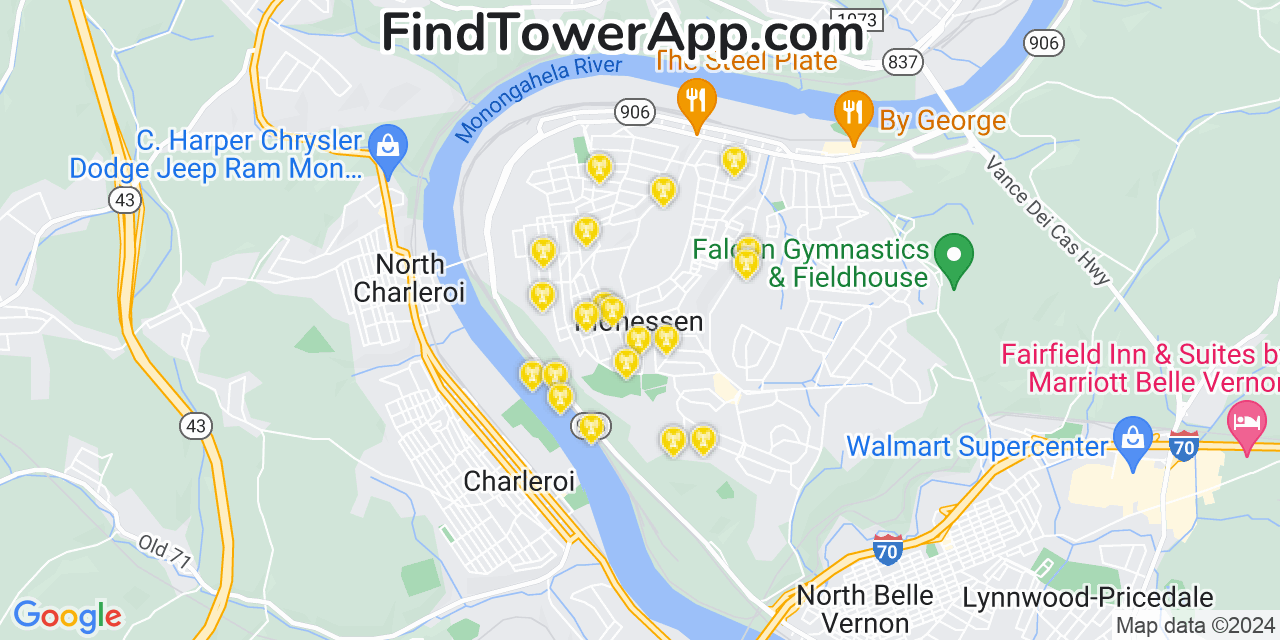 AT&T 4G/5G cell tower coverage map Monessen, Pennsylvania