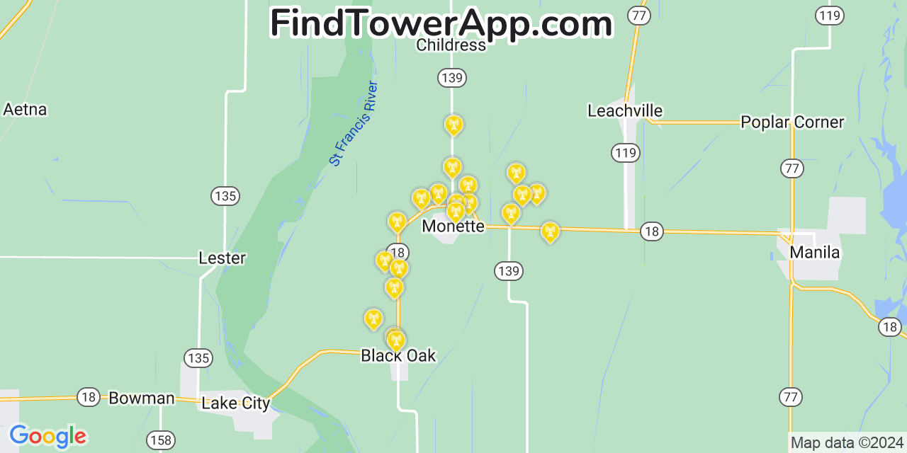 Verizon 4G/5G cell tower coverage map Monette, Arkansas