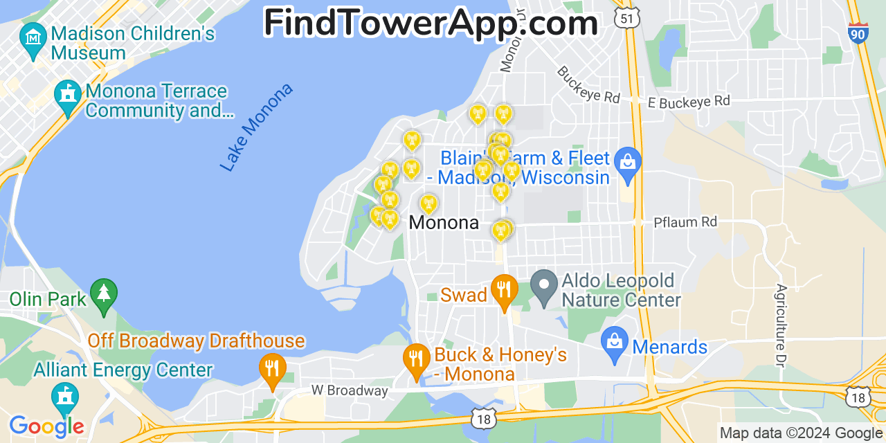 AT&T 4G/5G cell tower coverage map Monona, Wisconsin