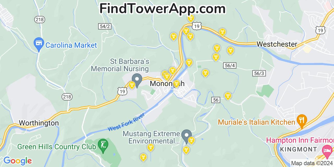 AT&T 4G/5G cell tower coverage map Monongah, West Virginia
