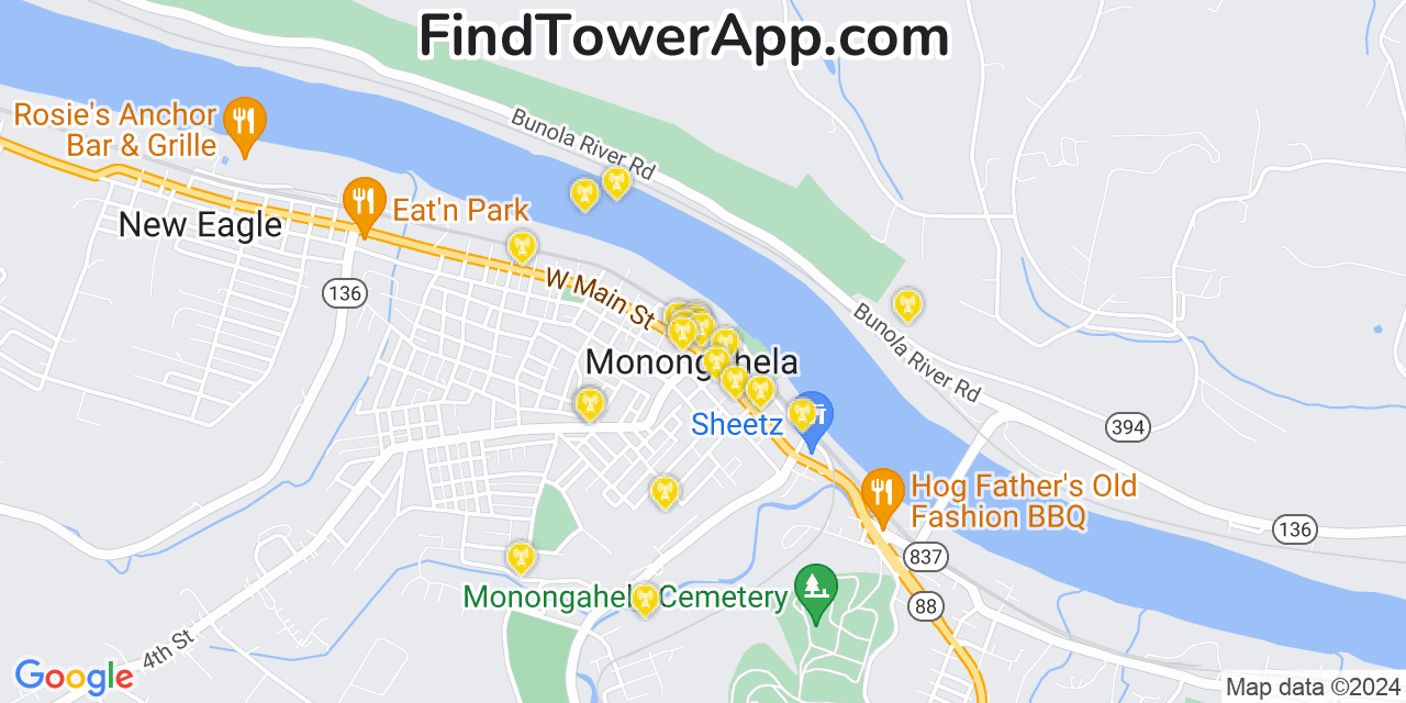 AT&T 4G/5G cell tower coverage map Monongahela, Pennsylvania
