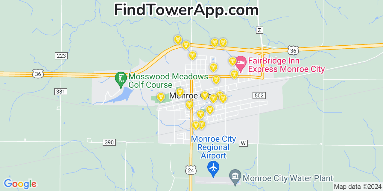 AT&T 4G/5G cell tower coverage map Monroe City, Missouri