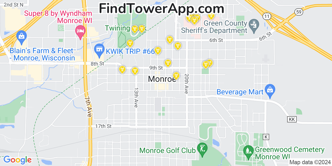 AT&T 4G/5G cell tower coverage map Monroe, Wisconsin